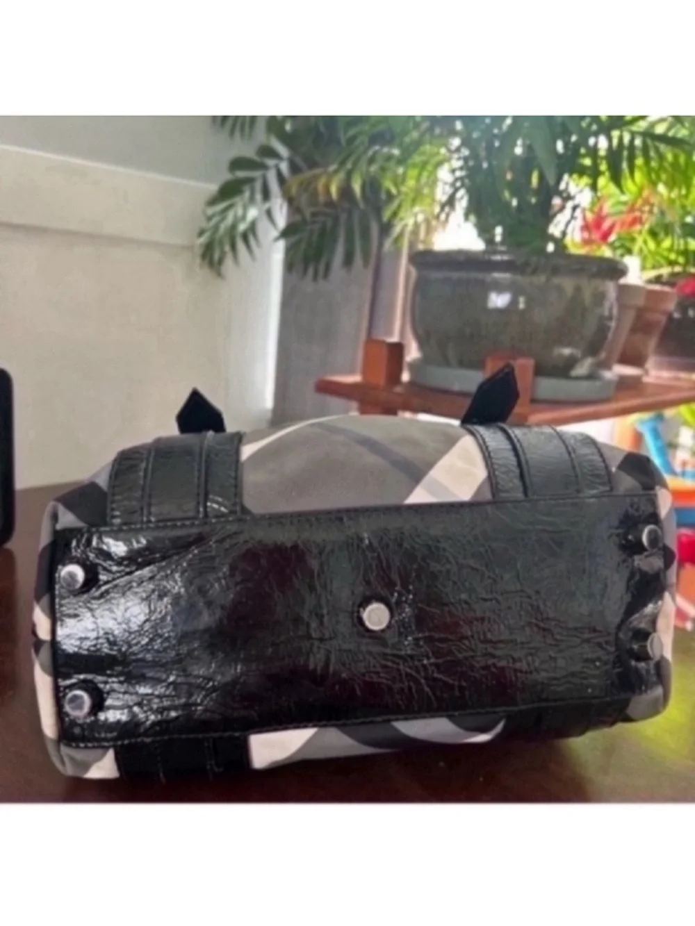 Burberry Black and Gray Plaid Messenger Tote with Patent Trim - Picture 12 of 13